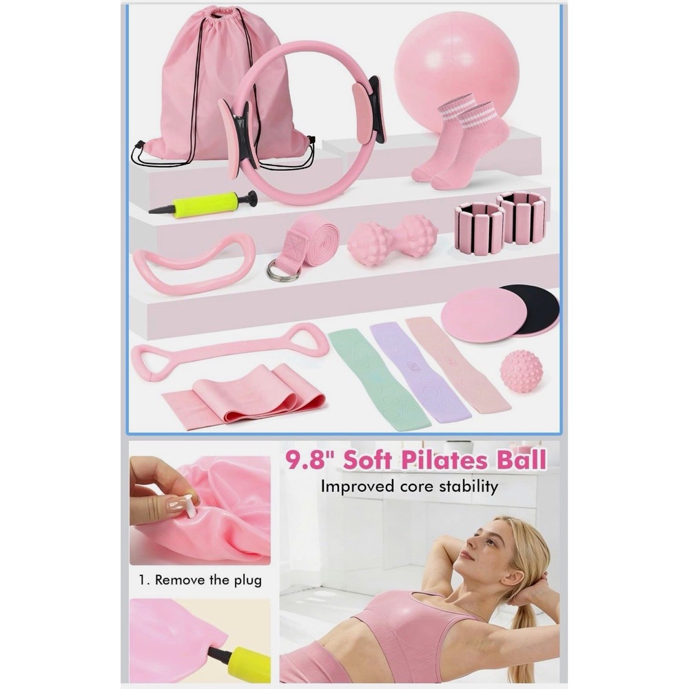 NEW 15-in-1 Pilates Home Workout Set Yoga Ring Resistance Bands Weights Pink